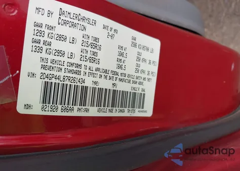 2007 Dodge Grand Caravan Sxt из США, поврежденный, VIN 2D4GP44L87R261434